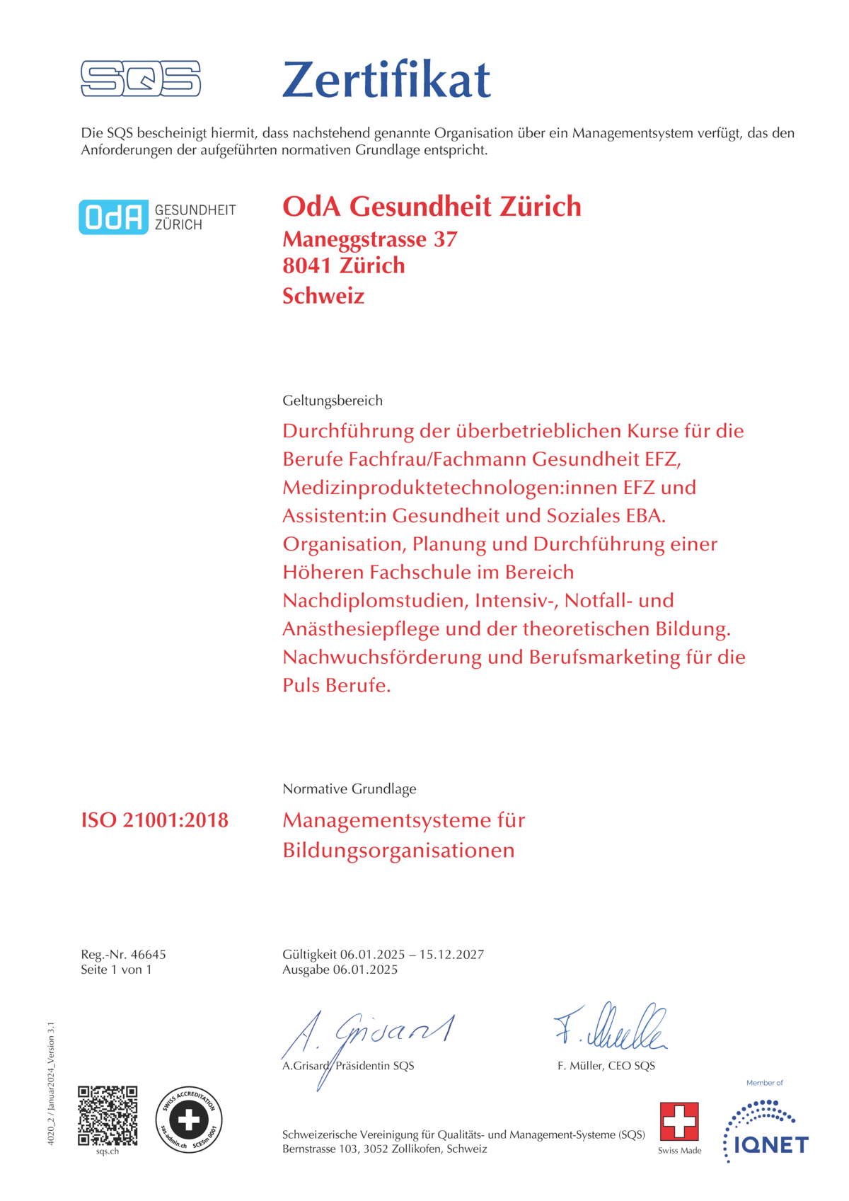 Zertifikat SQS 21001_2021